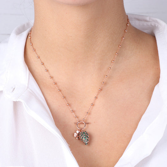 925 silver necklace Pigna with pavè of emerald zircons and four -leaf clover with light point