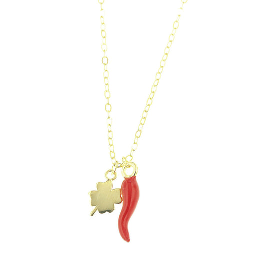 925 silver necklace with lucky horn embellished with red enamel and four -leaf clover