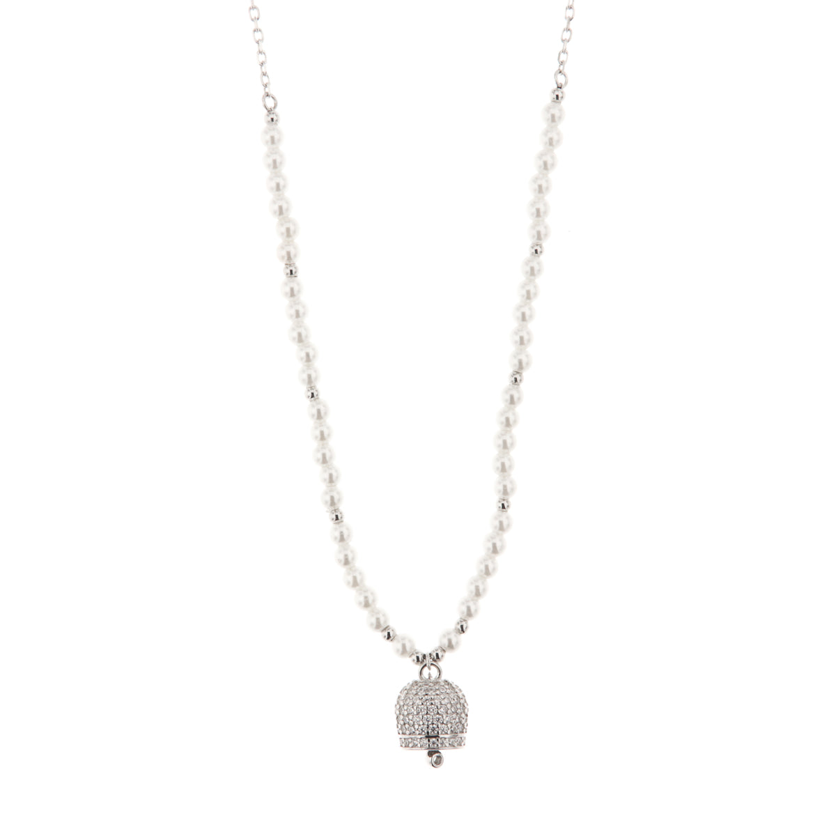 925 silver necklace with charming bell embellished with white zirconi and beads