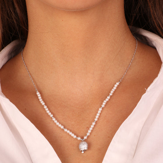 925 silver necklace with charming bell embellished with white zirconi and beads