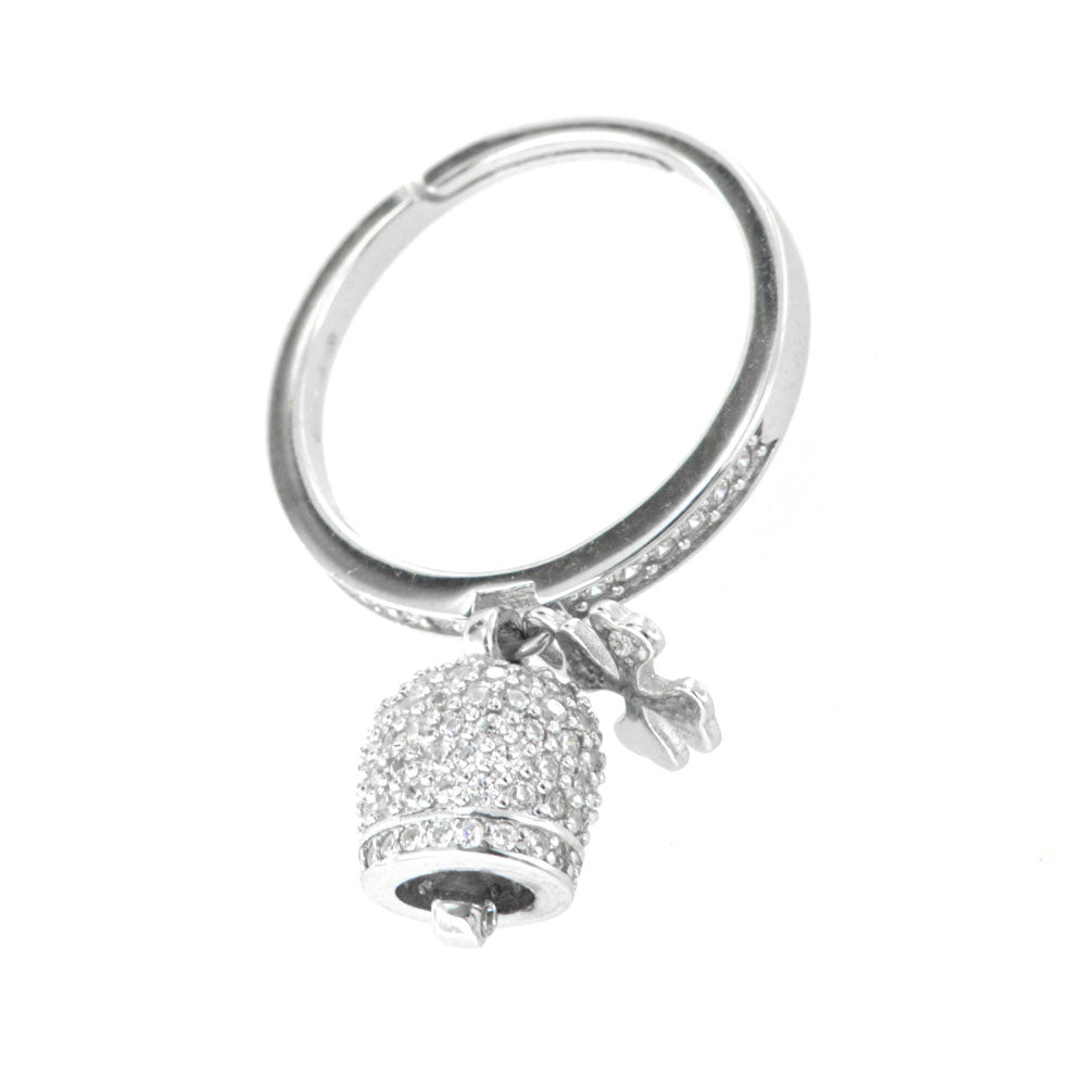 925 silver ring with charming bell and four -leaf clover embellished with cubic zirconi