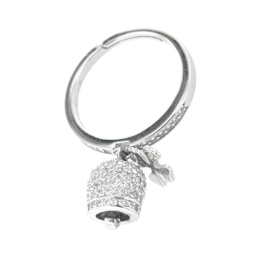 925 silver ring with charming bell and four -leaf clover embellished with cubic zirconi