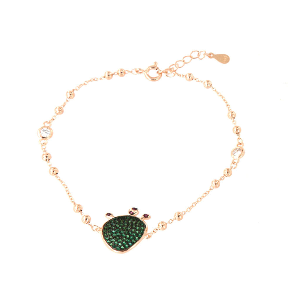 925 silver bracelet with prickly pendant of India, embellished with pavè of emerald zirconi, on a brown basis