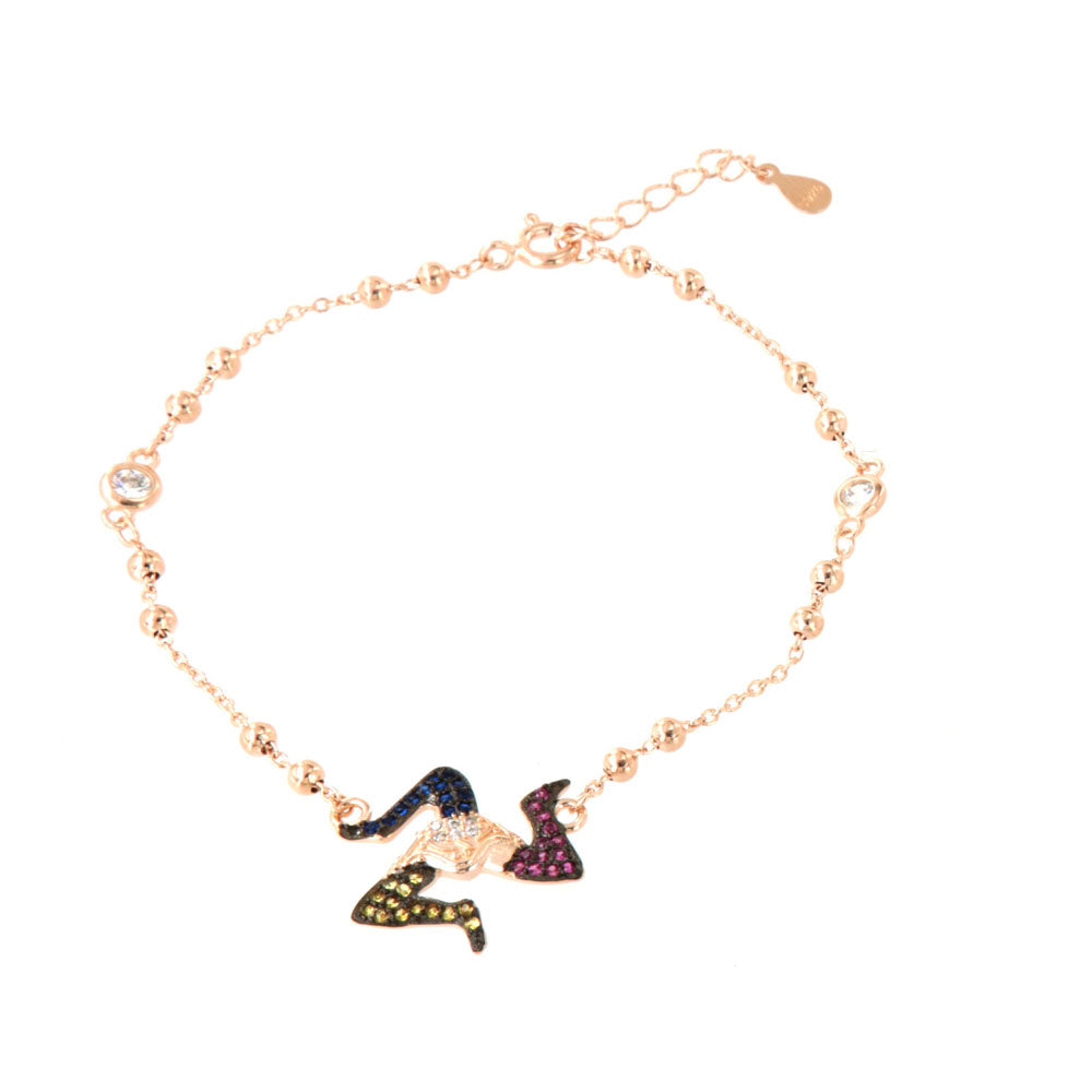 925 silver bracelet with Sicilian Trinacria pendant, embellished with multicolored zirconi on a brown basis