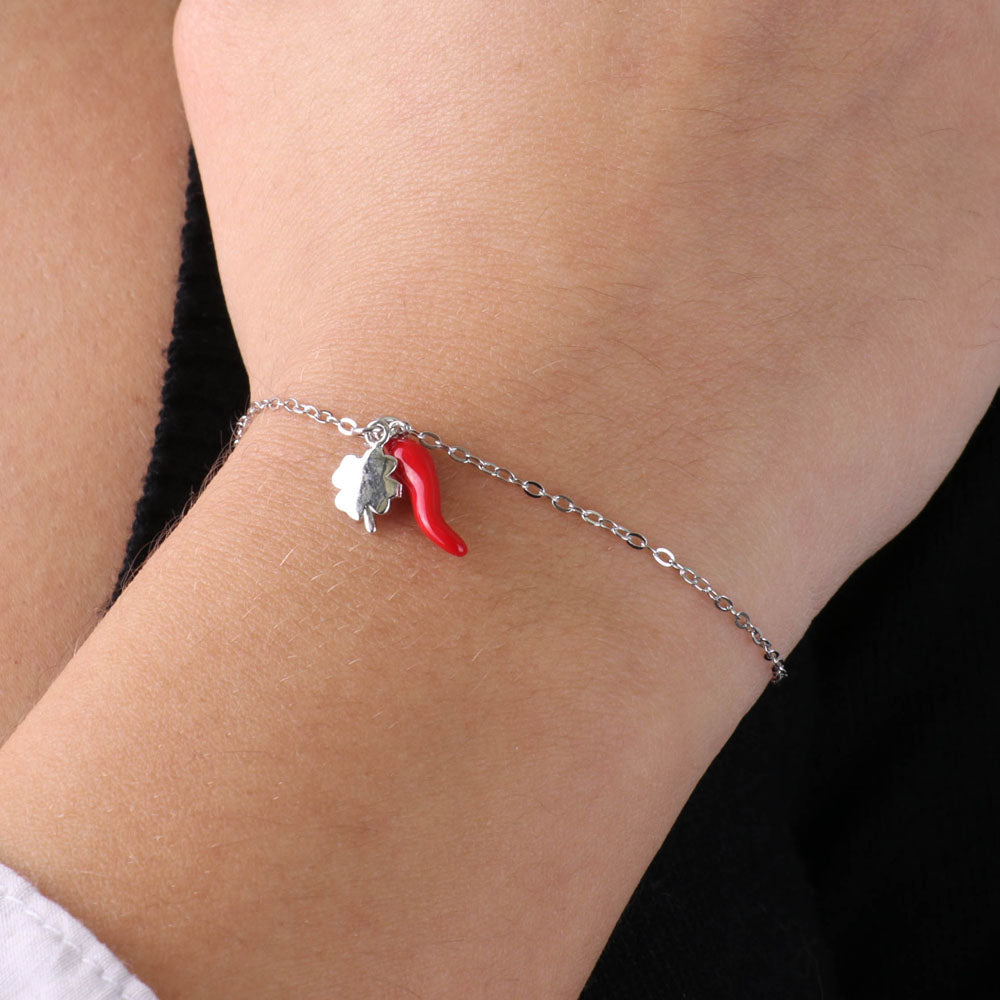 925 silver bracelet with horn embellished with red enamel and four -leaf clover