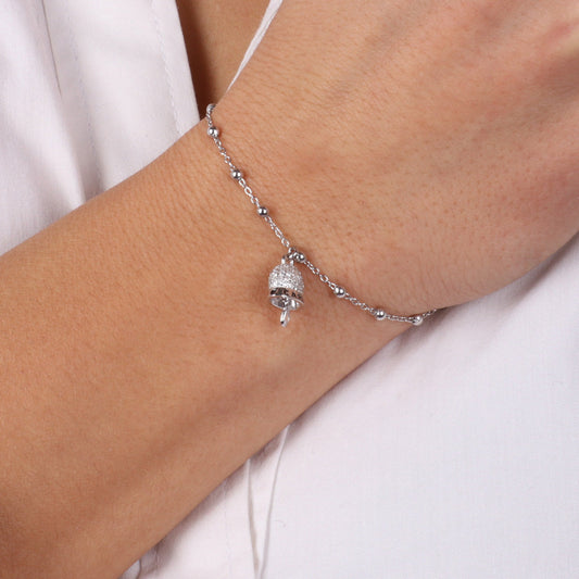 925 silver bracelet with charming bell embellished with white zirconi and written black enamel capri