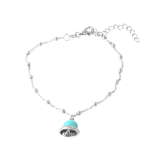 925 silver bracelet with turquoise nail polish charming bell, embellished with white zirconi