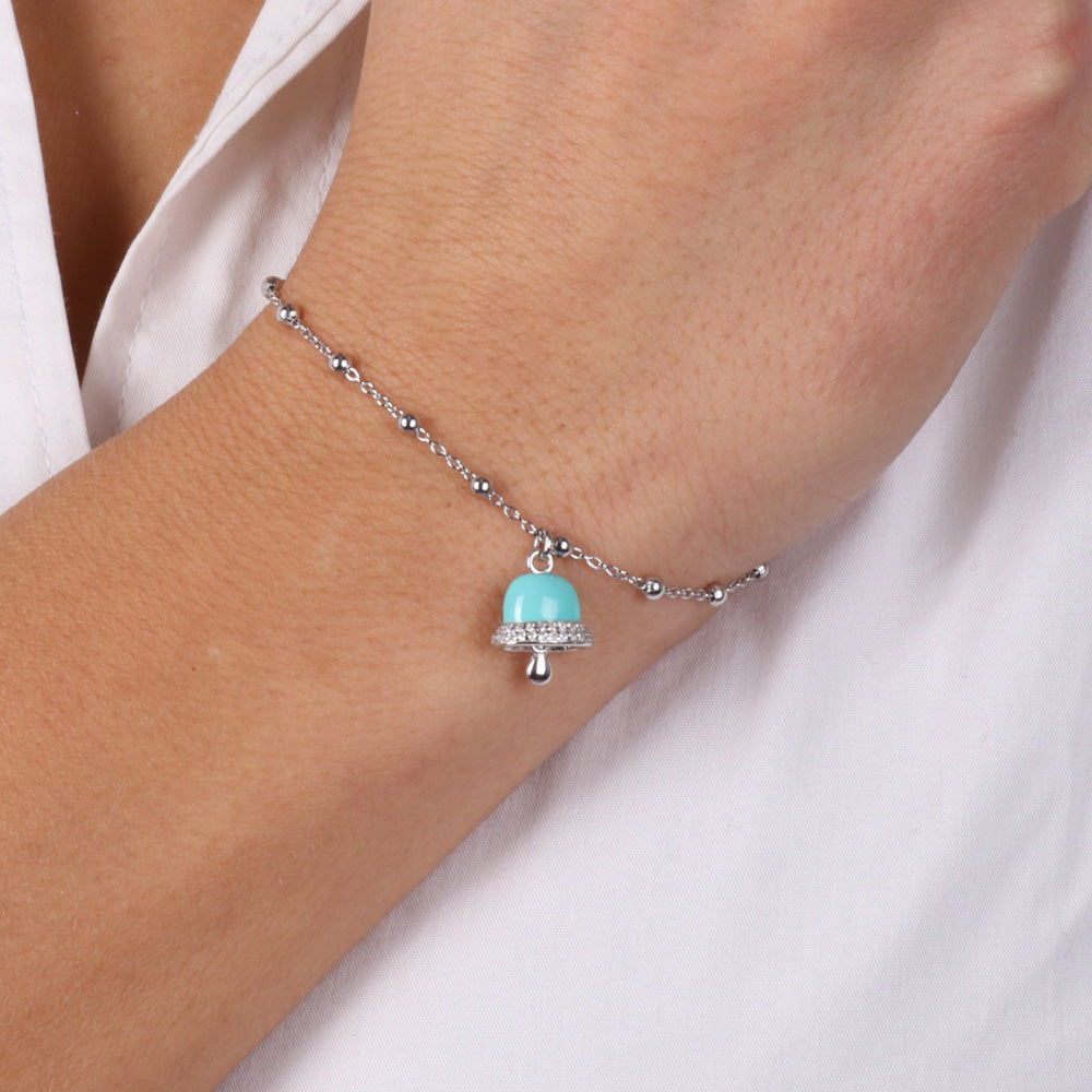 925 silver bracelet with turquoise nail polish charming bell, embellished with white zirconi