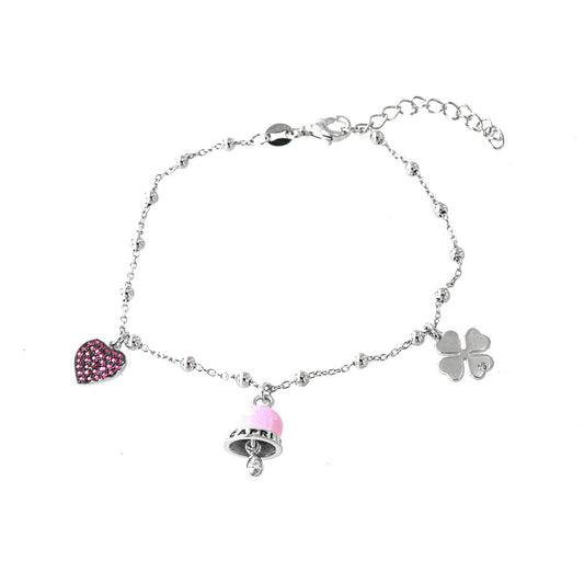 925 heart silver bracelet, charming bell and four -leaf clover with zirconi