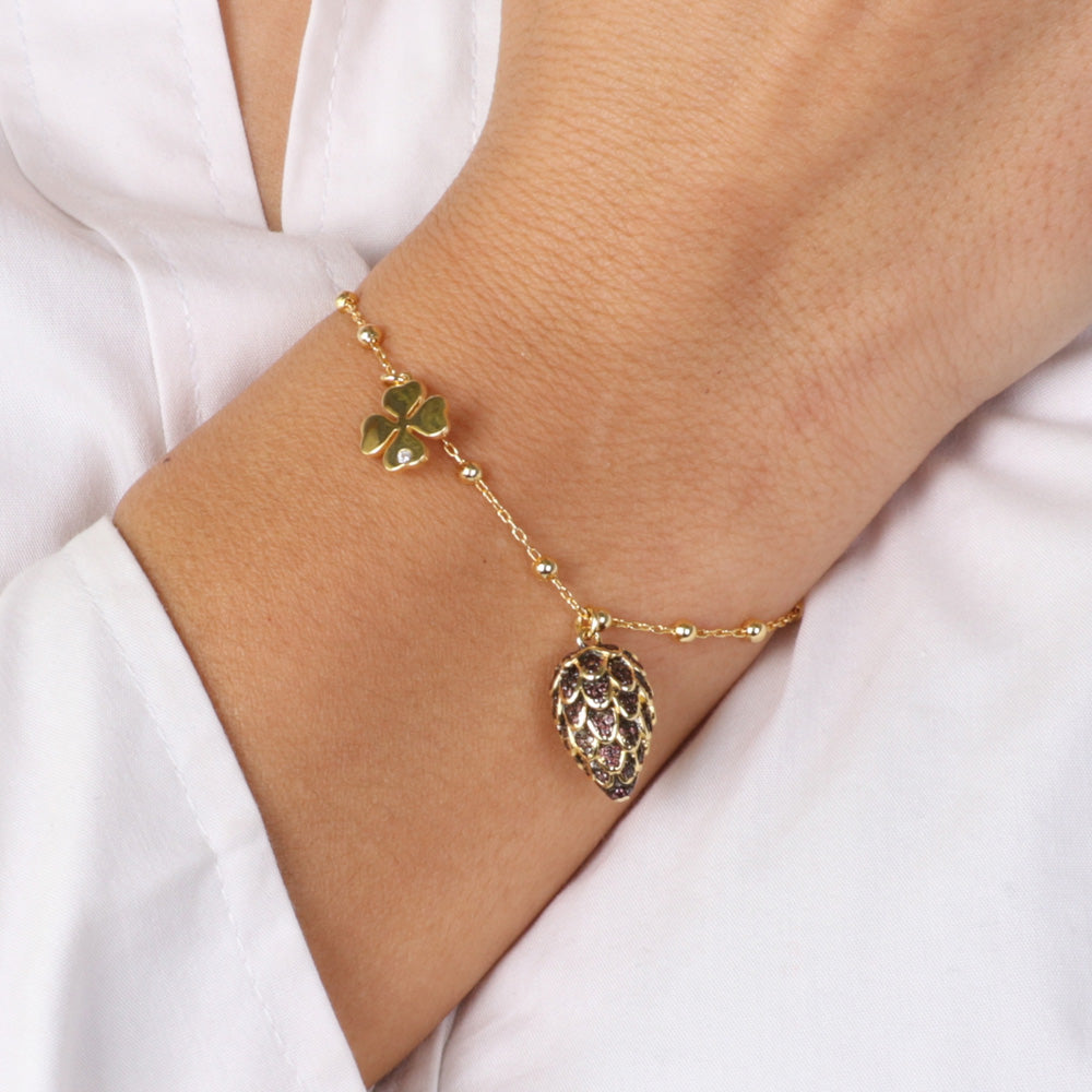 925 silver bracelet with Pigna pendant and dark zirconi, four -leaf clover with light point