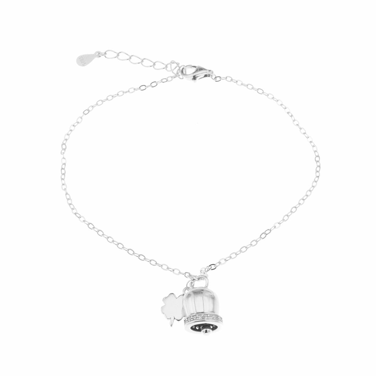 925 silver bracelet with charming bell and four -leaf clover