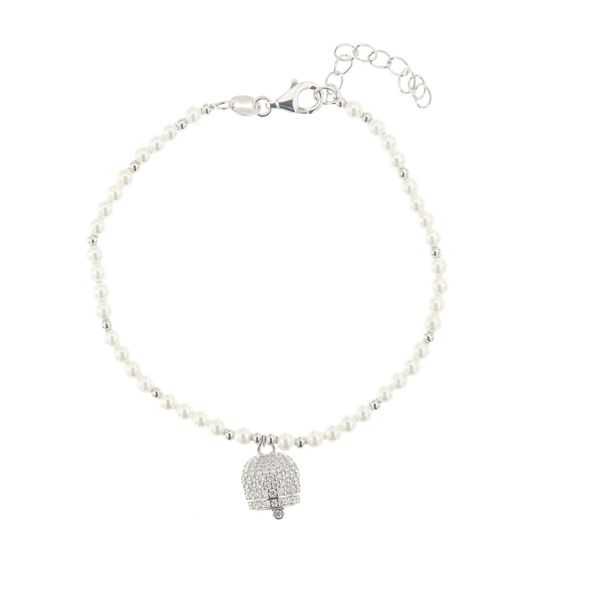 925 silver bracelet charming bell embellished with white zirconi and beads