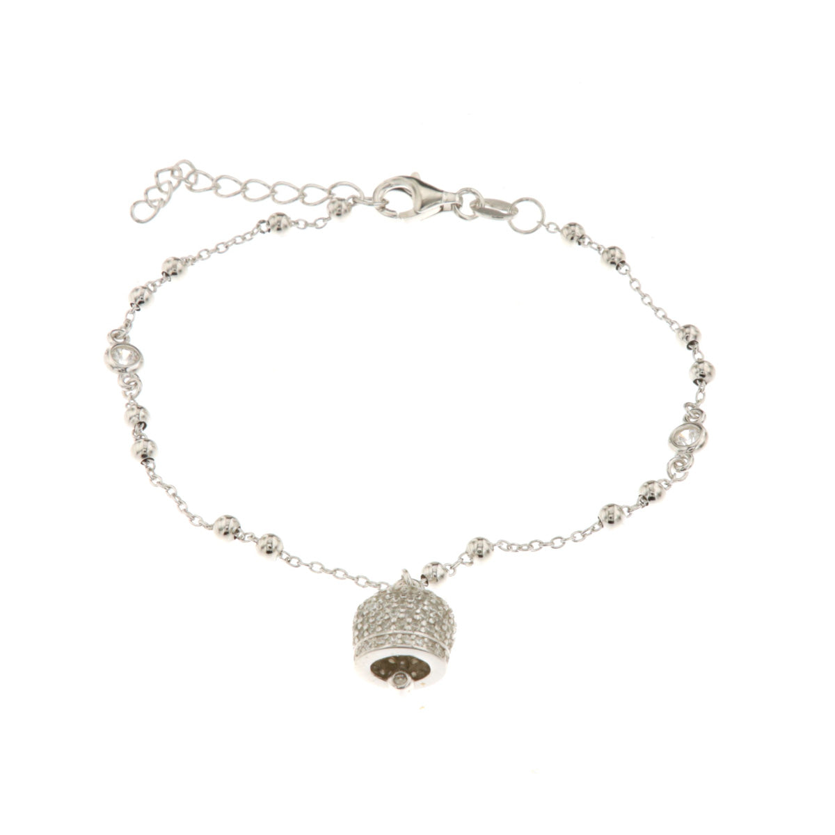 925 silver bracelet in white crystals and charming bell pendant stormed by white zirconi