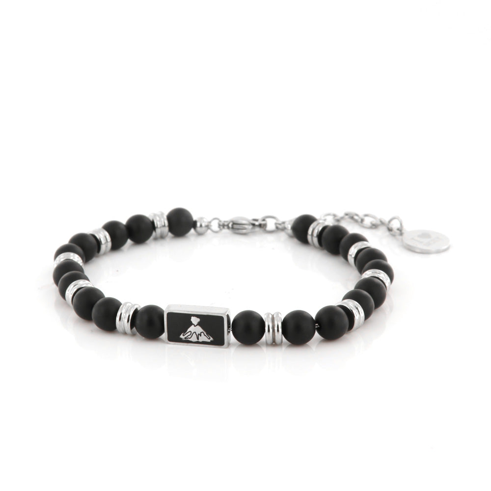 Steel bracelet with central Etna volcano, steel rings and black onyx stone