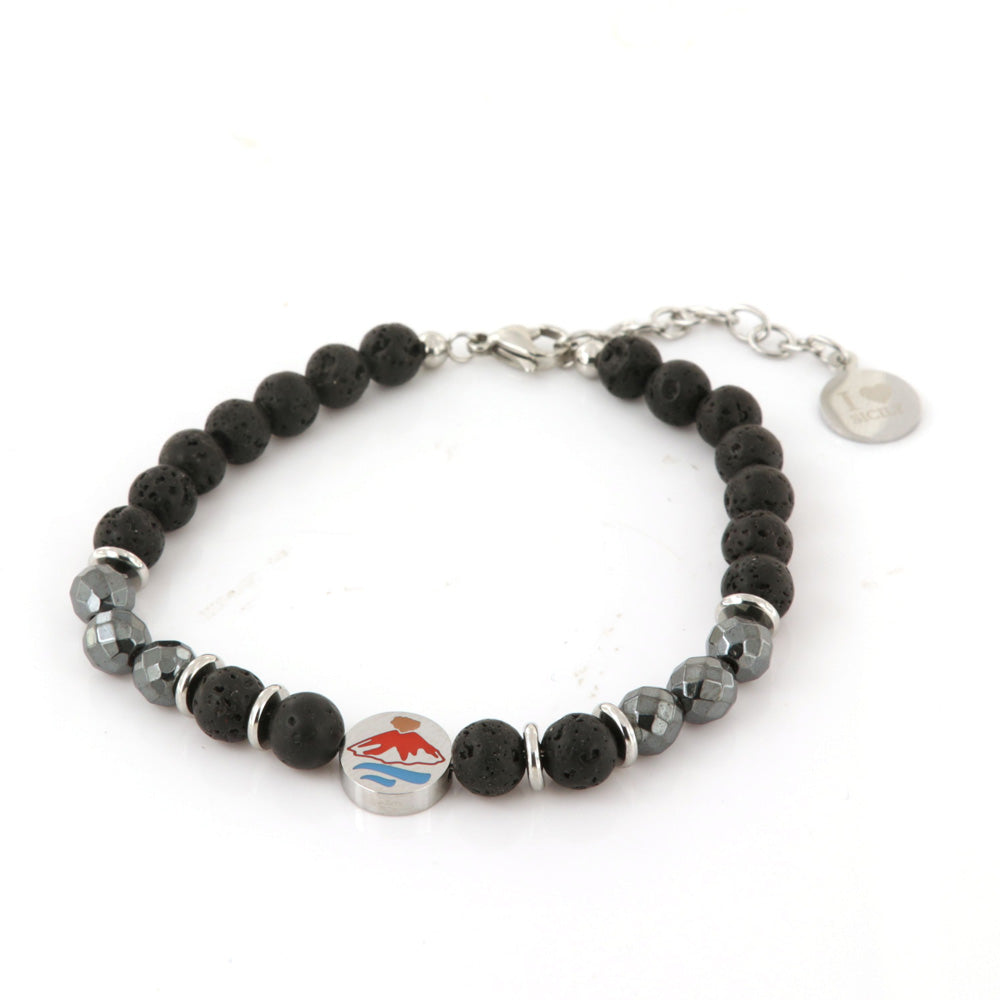 Steel bracelet with black stones and plate with volcano Etna