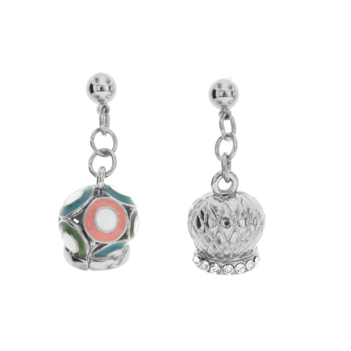 Metal earrings with pendant glazed bells, embellished with crystals