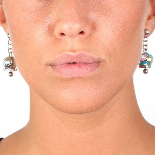 Metal earrings with pendant glazed bells, embellished with crystals