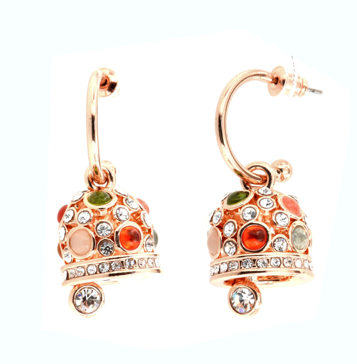 Metal earrings with a circle, with pendant bells embellished with multicolored crystals and white light points