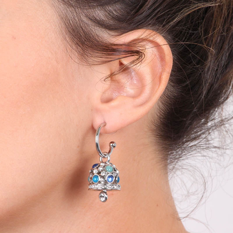 Metal earrings with a circle, with blue pendant bells and white light points
