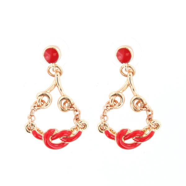 Metal earrings with pending nodes embellished with red enamel