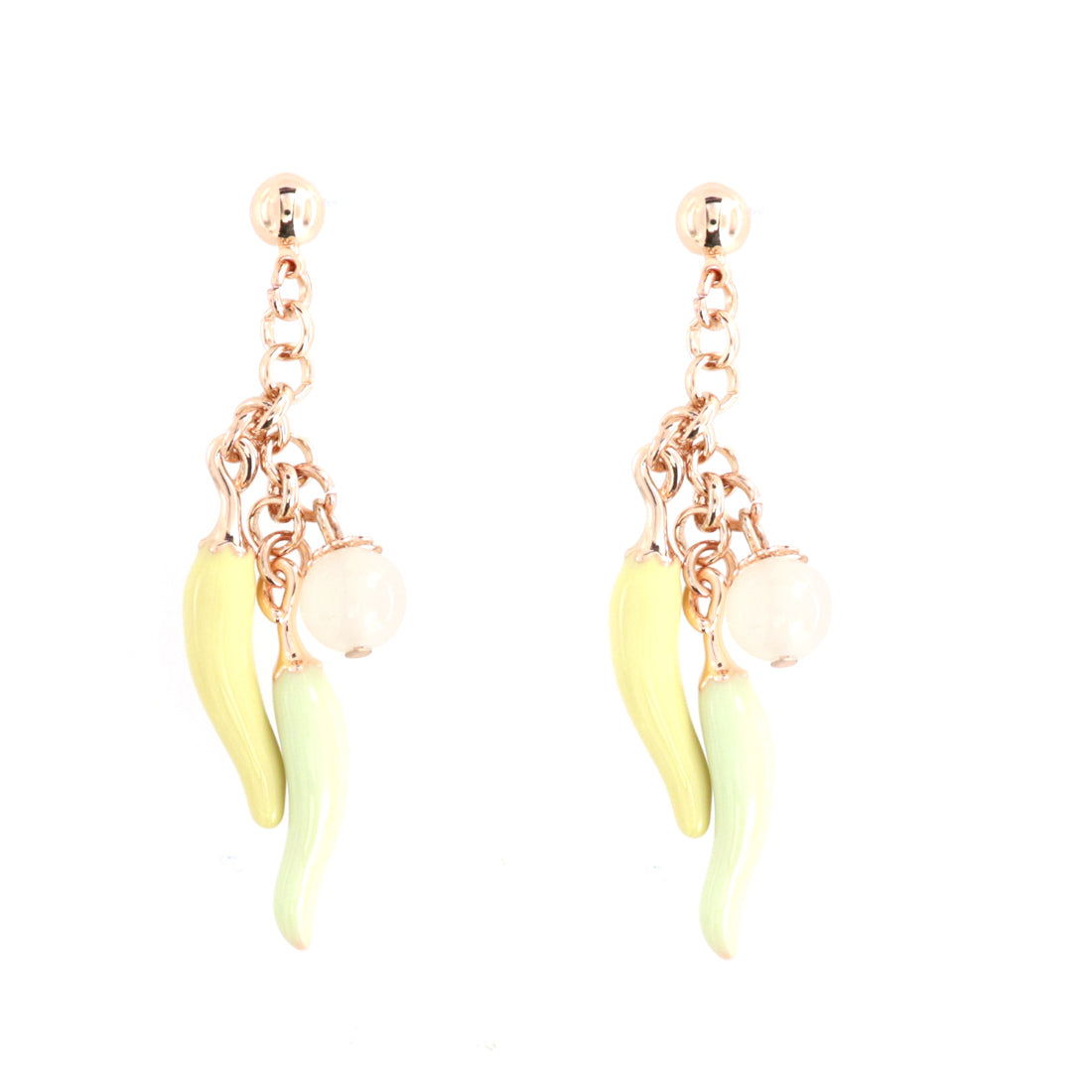 Metal earrings pending with lucky horns, embellished with colored glazes