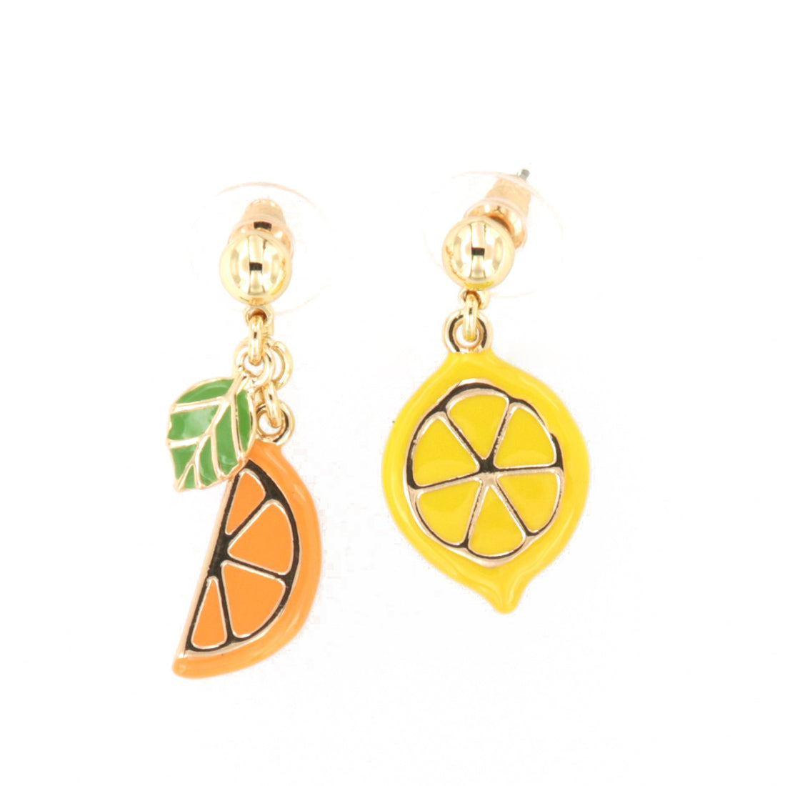 Metal earrings with citrus citrus fruits, embellished with colored enamels
