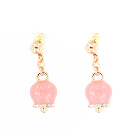Metal earrings with pendant lucky charming bell, embellished with pink enamel and crystals