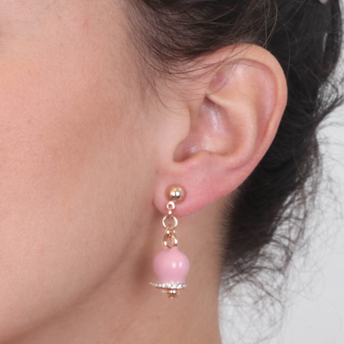 Metal earrings with pendant lucky charming bell, embellished with pink enamel and crystals