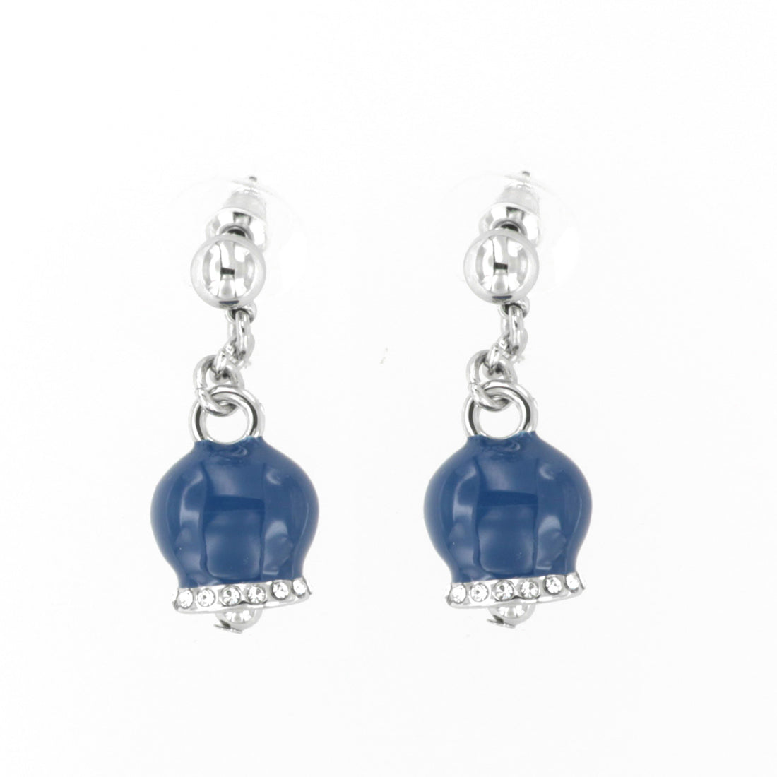 Metal earrings with pendant lucky charming bell, embellished with blue enamel and crystals