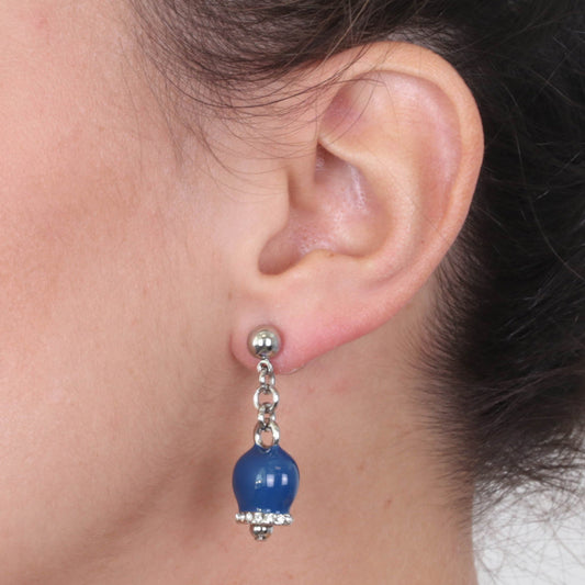 Metal earrings with pendant lucky charming bell, embellished with blue enamel and crystals