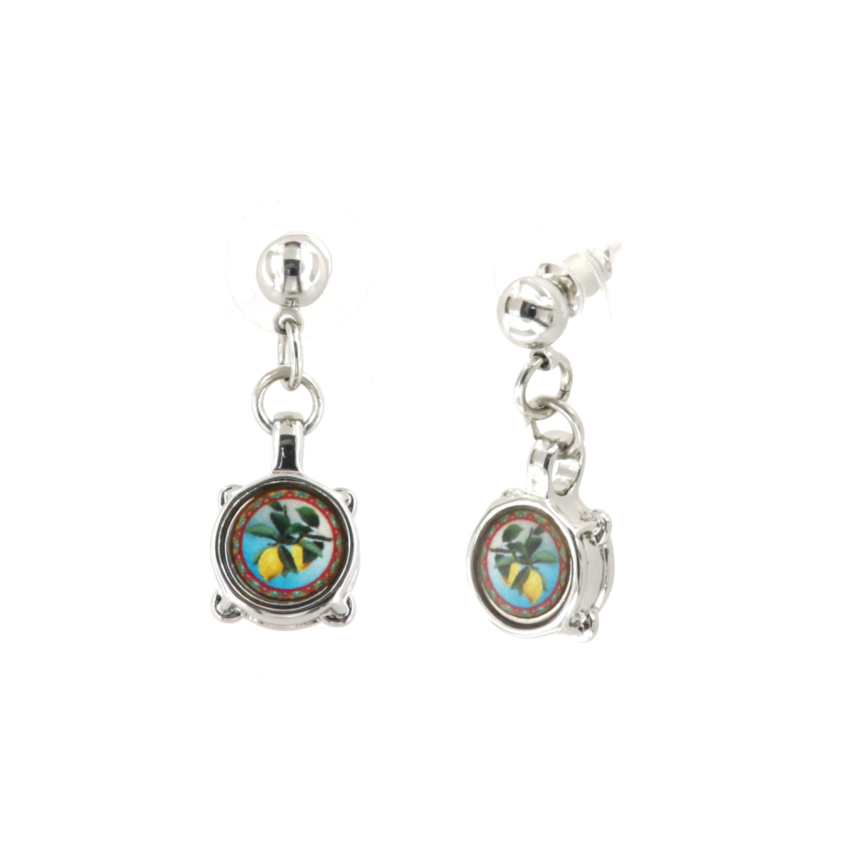 Metal earrings pendant tambourines with Sicilian lemons design embellished with colored glazes