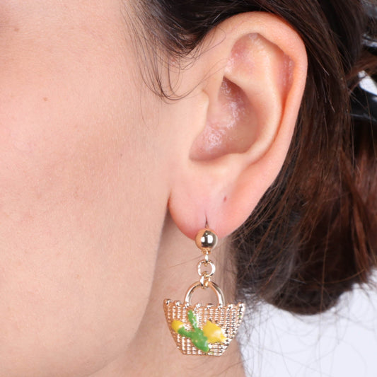 Metal earrings with pendant coffa, prickly pear and lemons of Sicily