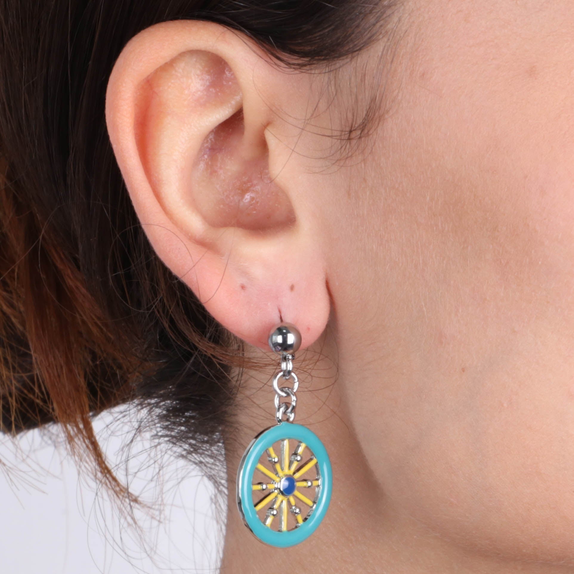 Metal earrings with pendant Sicilian cart wheels, embellished with colored glazes