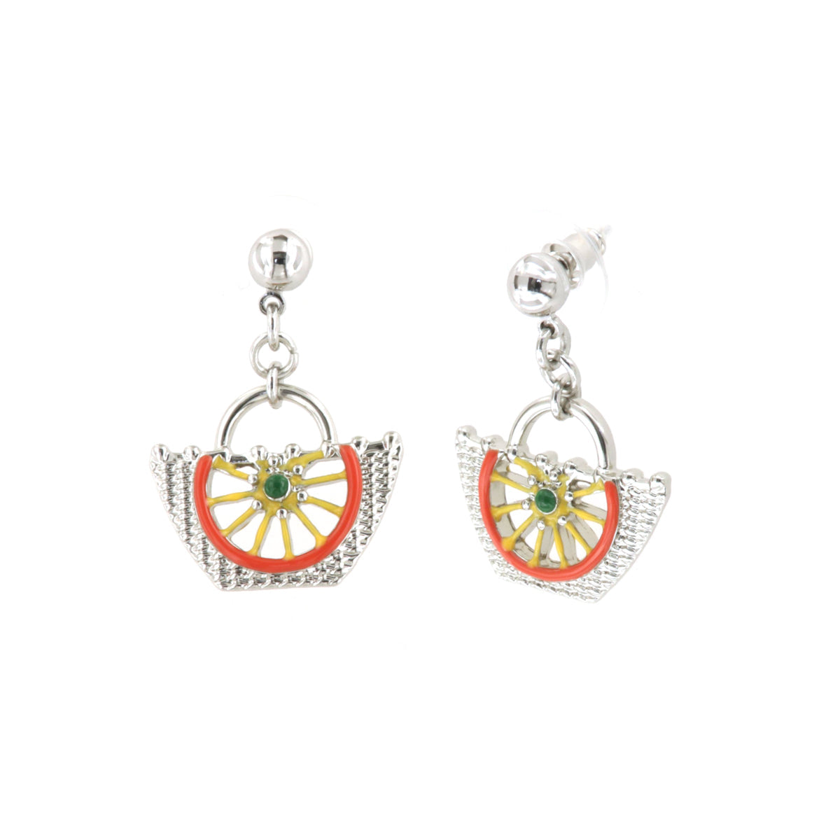 Sicilian Coffa metal earrings pendant with design Sicilian wagon wheel embellished with colored glazes