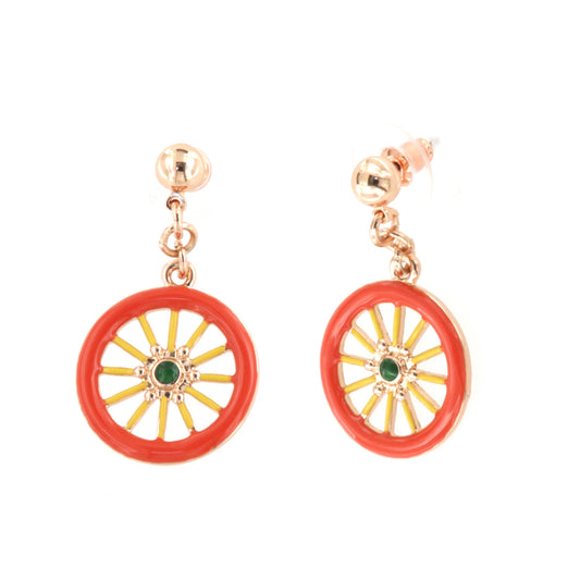 Metal earrings with pendant Sicilian cart wheels, embellished with colored glazes