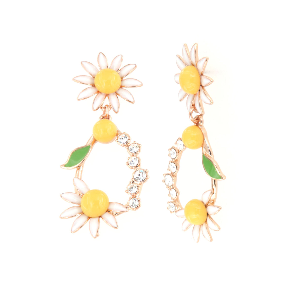 Metal earrings with pendant daisies embellished with colored enamels and Bianchj crystals