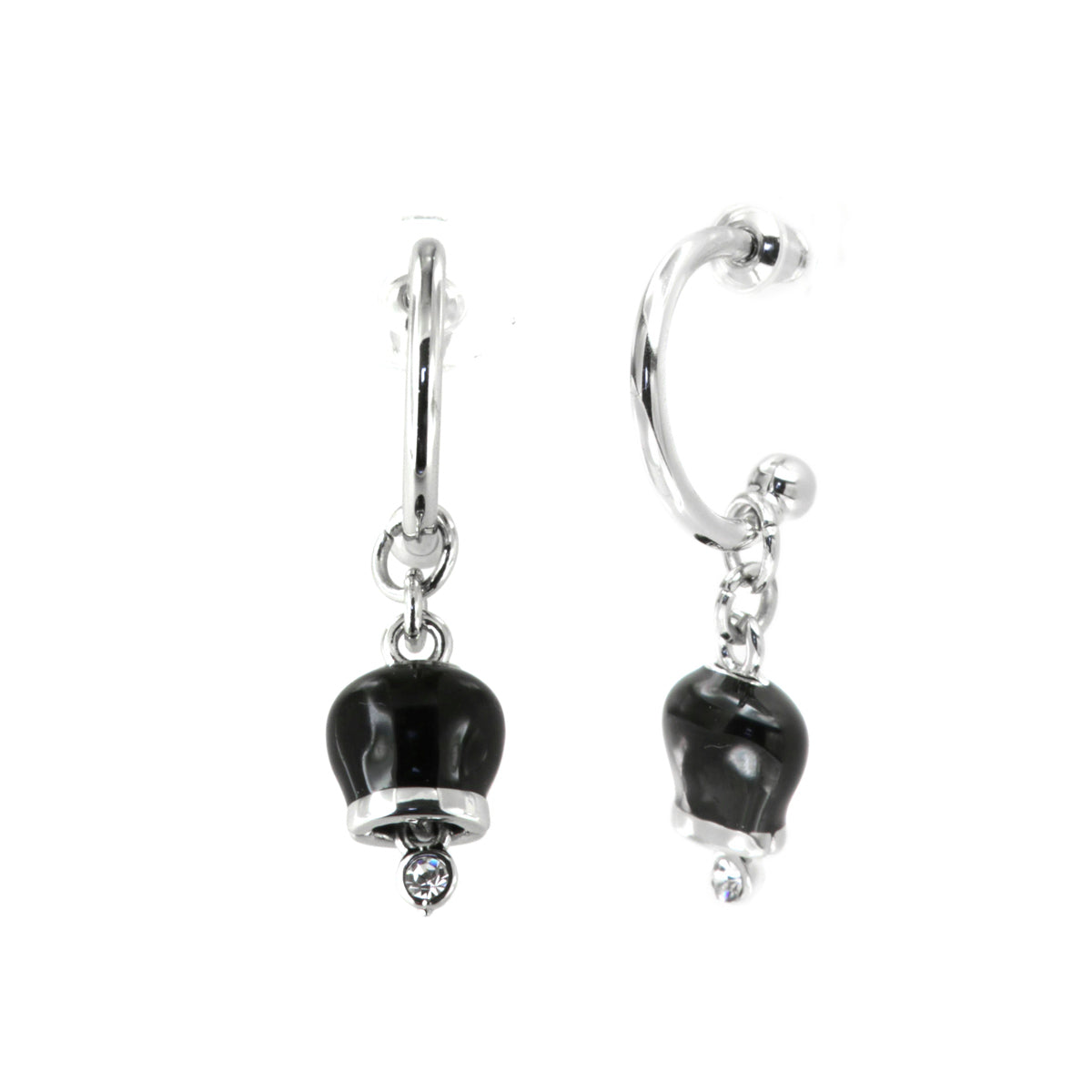 Metal earrings with a circle, with a pendant charm bell, embellished with black enamel and crystals