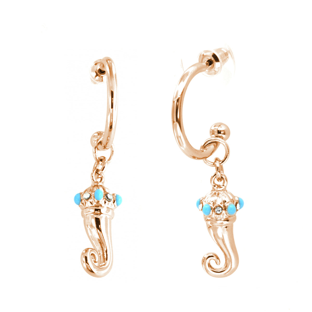 Metal earrings circle with a pending croissant embellished with turquoise nail polish points