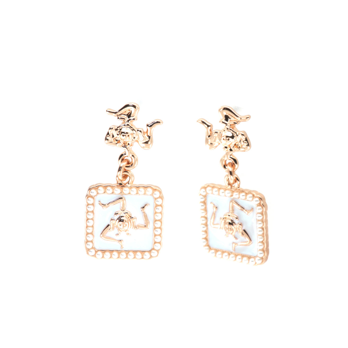 Metal earrings with pendant tile embellished with Simolo Trinacria Sicilian and white enamel