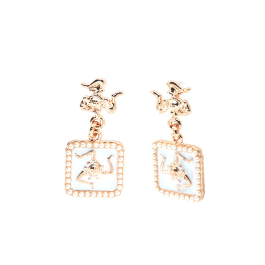 Metal earrings with pendant tile embellished with Simolo Trinacria Sicilian and white enamel