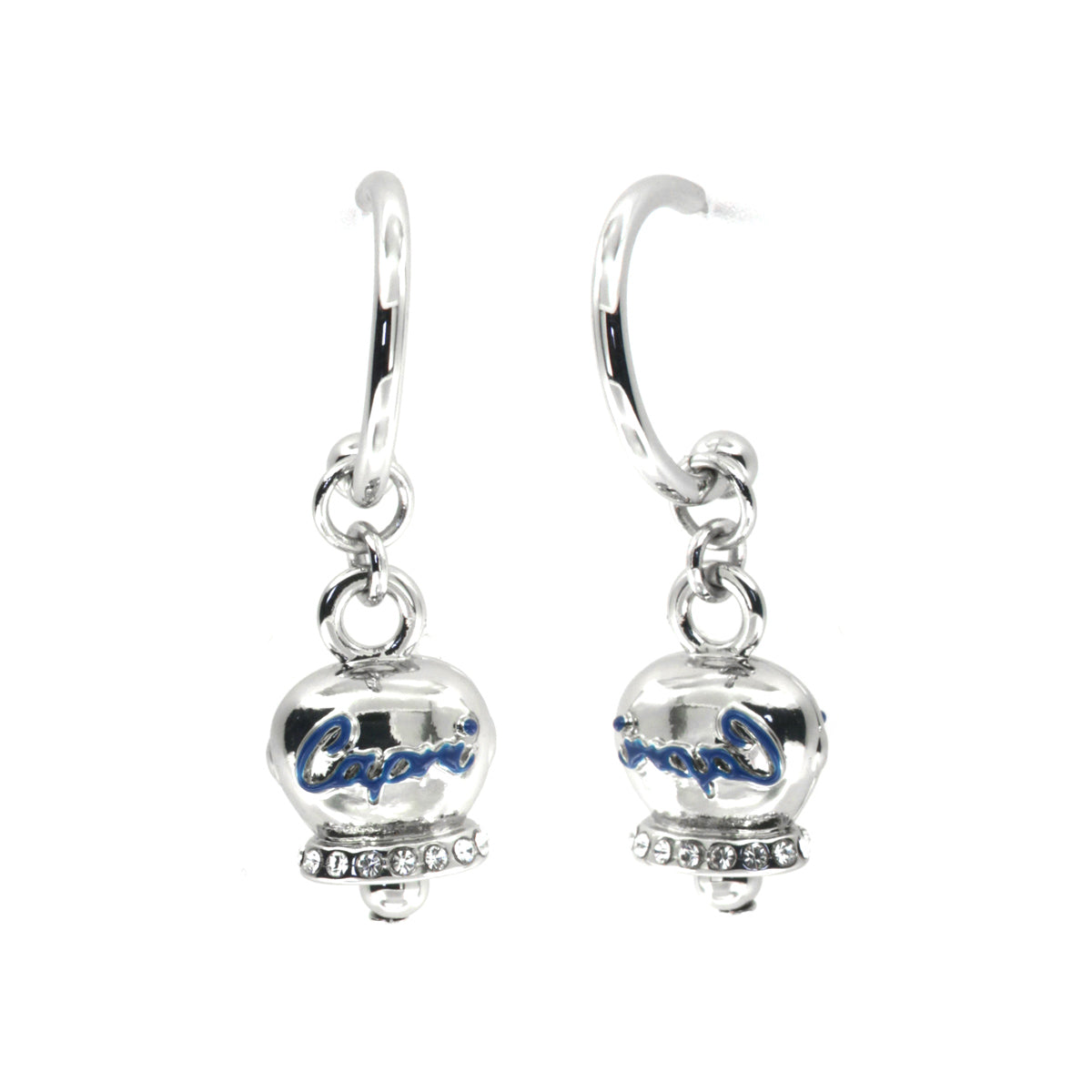 Metal earrings circles with a pendant bell embellished with crystals and writings in blue enamel capri