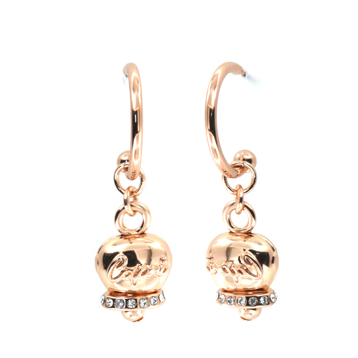Metal earrings circles with bell pendant goats embellished with crystals