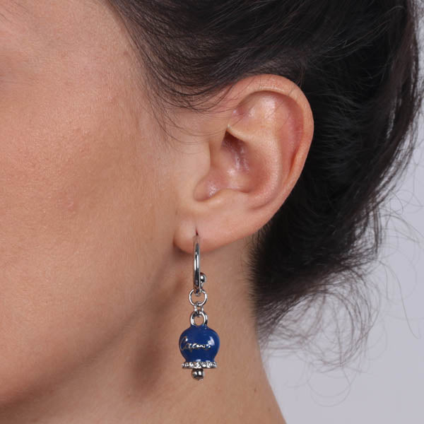 Metal earrings circle with blue glazed bell embellished with crystals