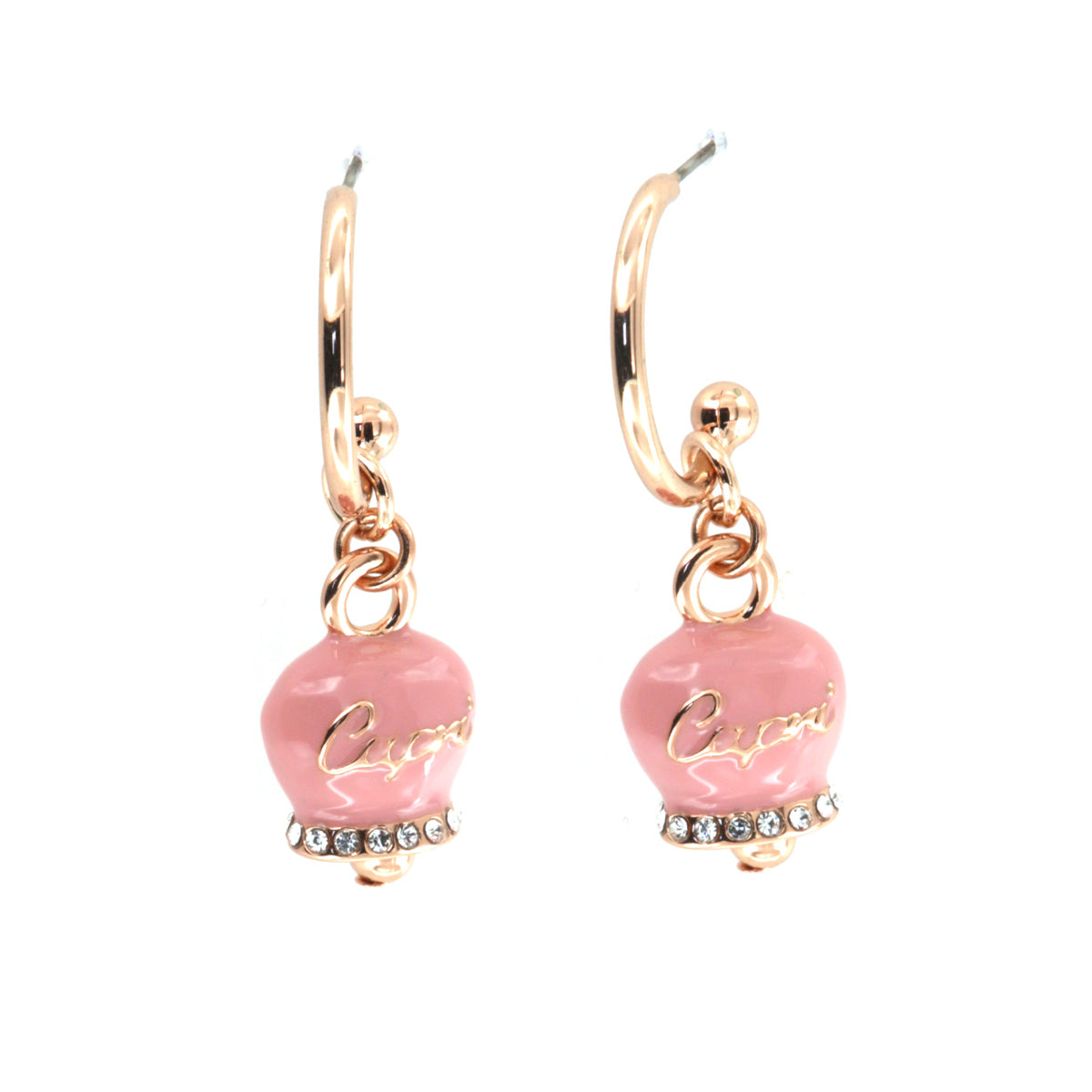 Metal earrings circle with pink glazed bell embellished with crystals