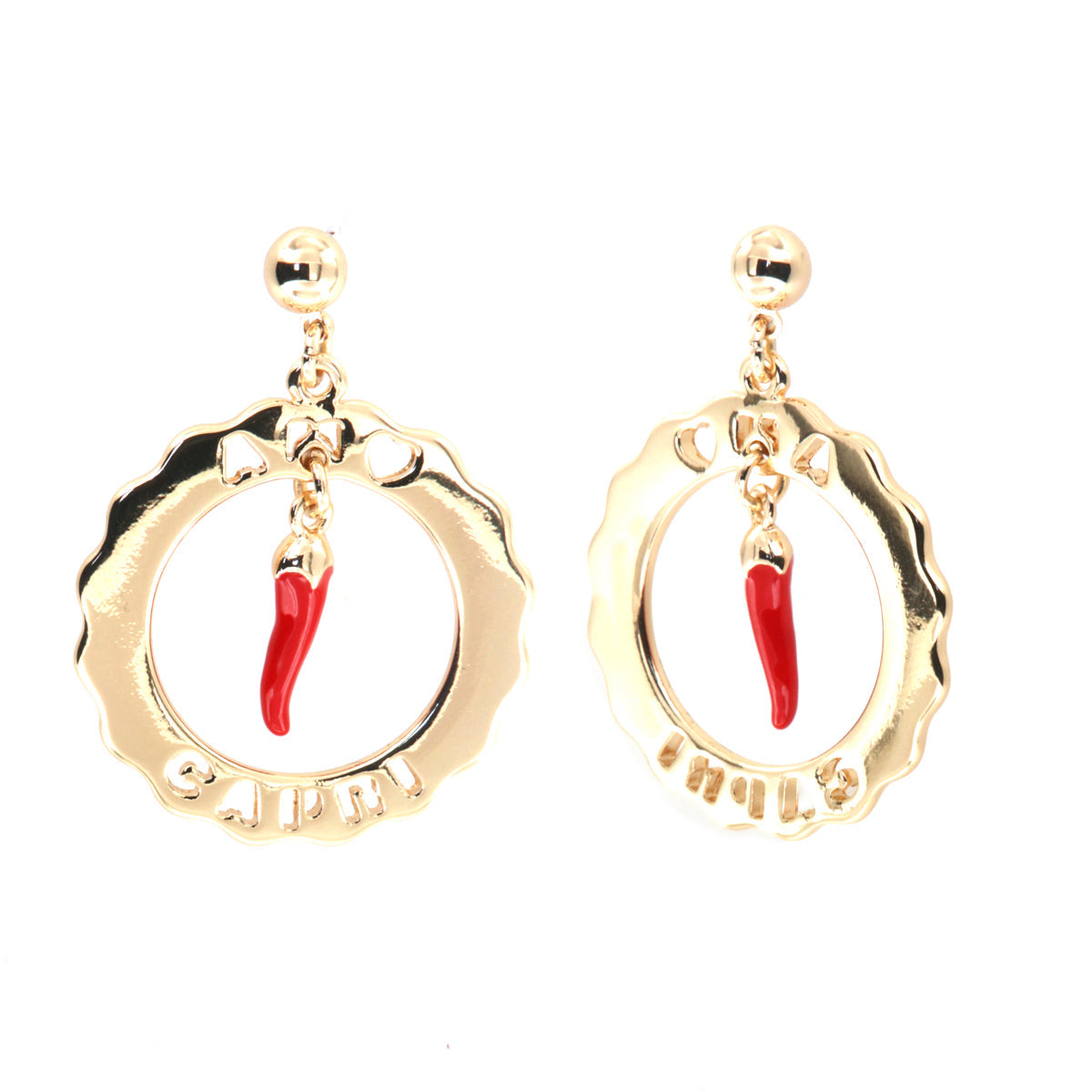 Metal earrings in circle with horn in pendant red enamel and writing I love