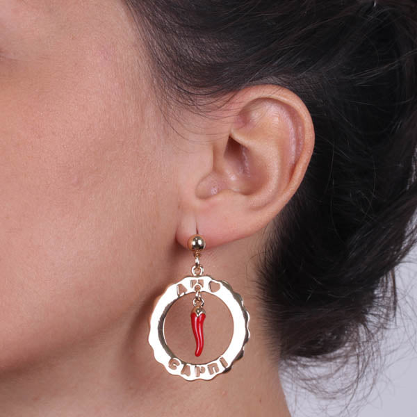 Metal earrings in circle with horn in pendant red enamel and writing I love