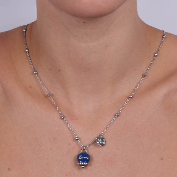 Metal necklace with a bouncing bille pendant embellished with blue enamel and crystals