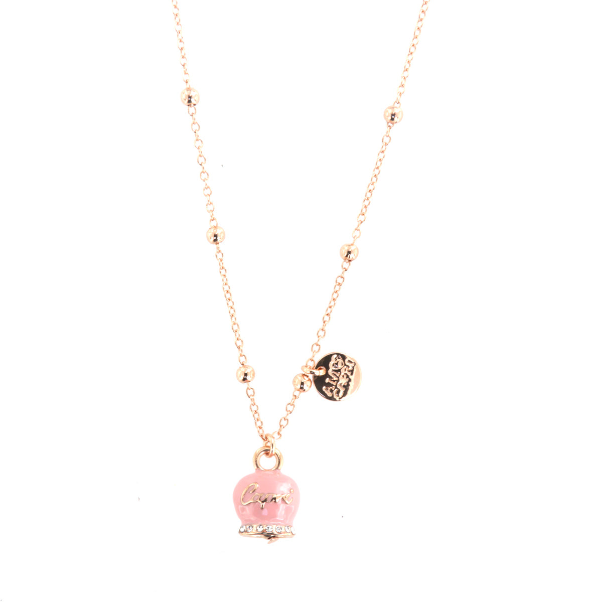 Metal necklace with a bouncing bille pendant embellished with pink enamel and crystals