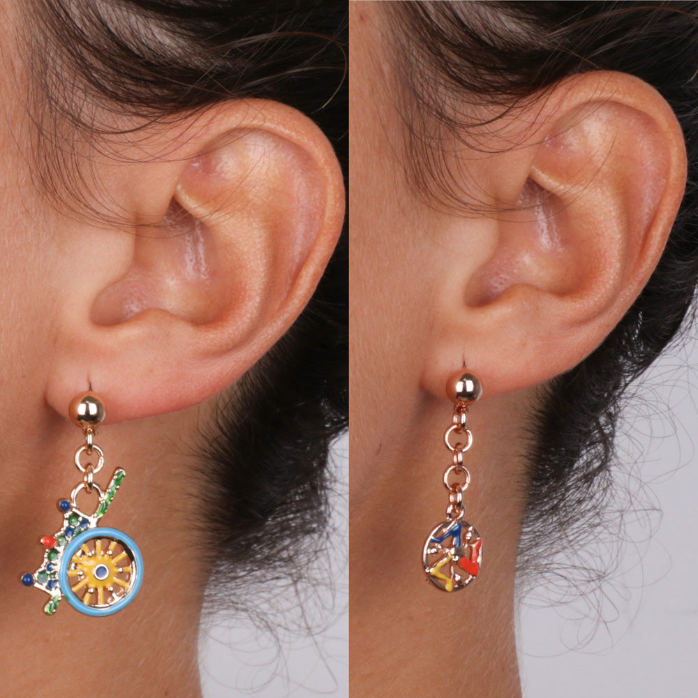 Metal earrings with Trinacria and Sicilian Pening cart, embellished with colored enamels and emerald crystals