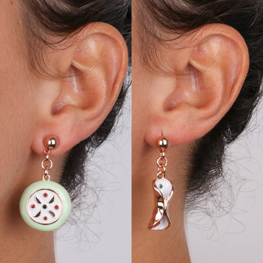 Metal earrings with pendant cannolo and cassata, embellished with colored glazes
